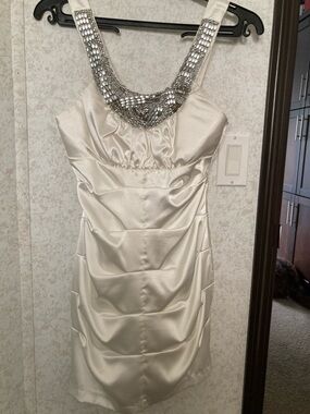 Trixxi Ivory Satin Mini Dress with Silver Beaded Straps